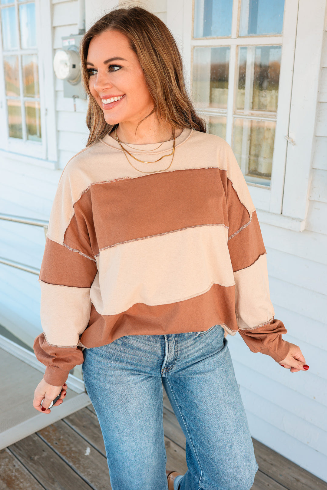 Mariella Panel Long Sleeve Top - Natural Caramel