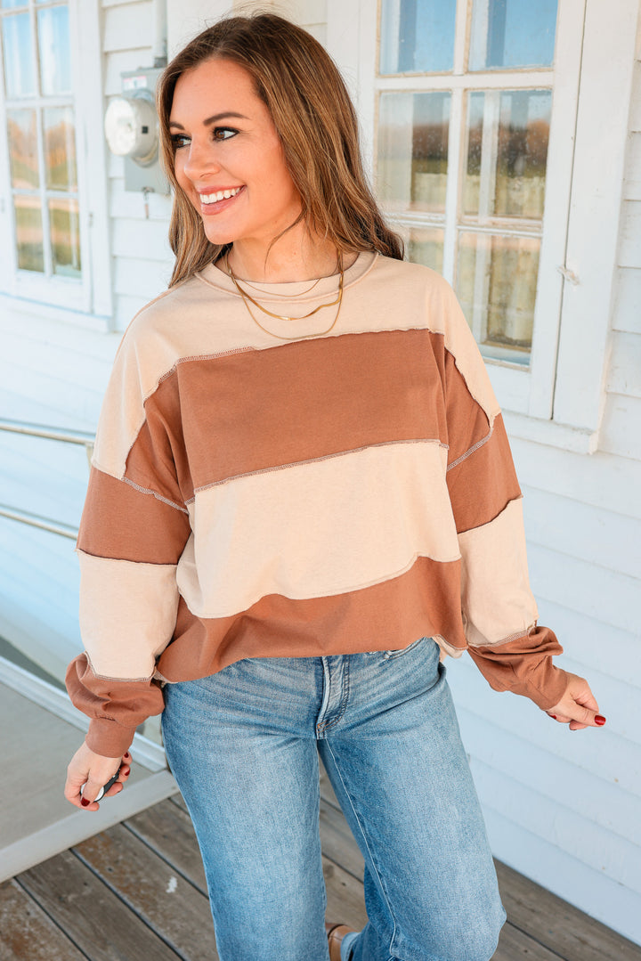 Mariella Panel Long Sleeve Top - Natural Caramel