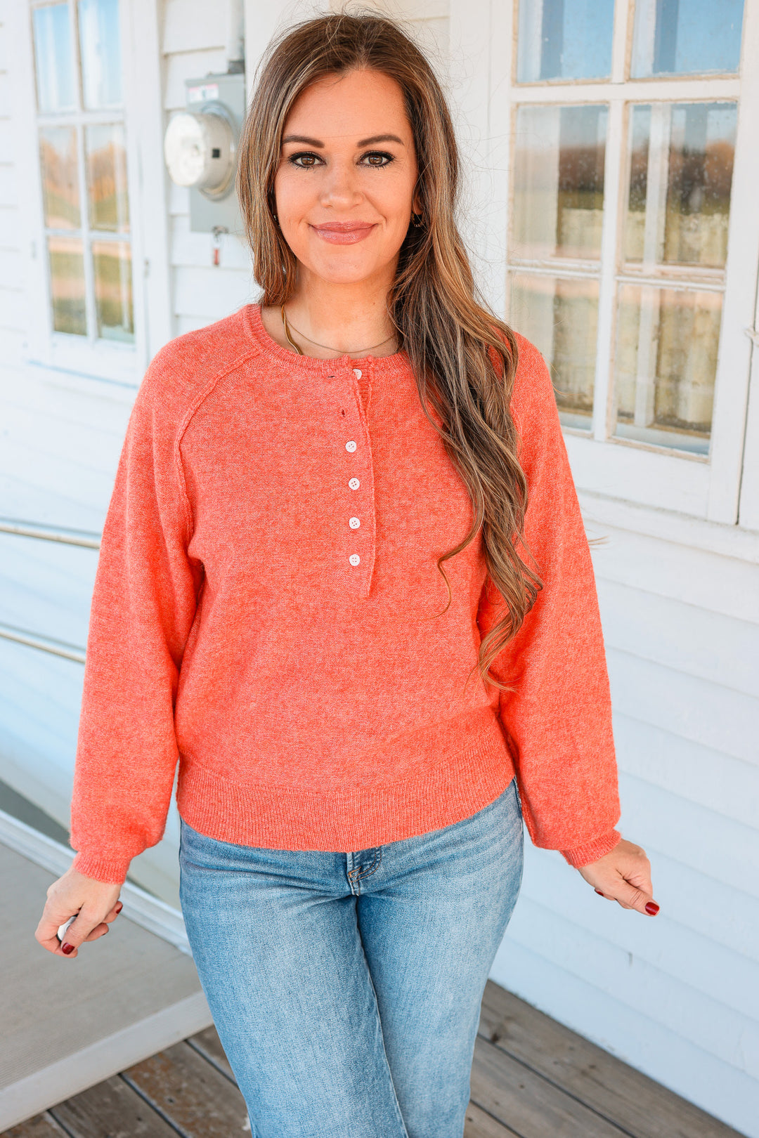 Amelia Raglan Henley Sweater - Blood Orange