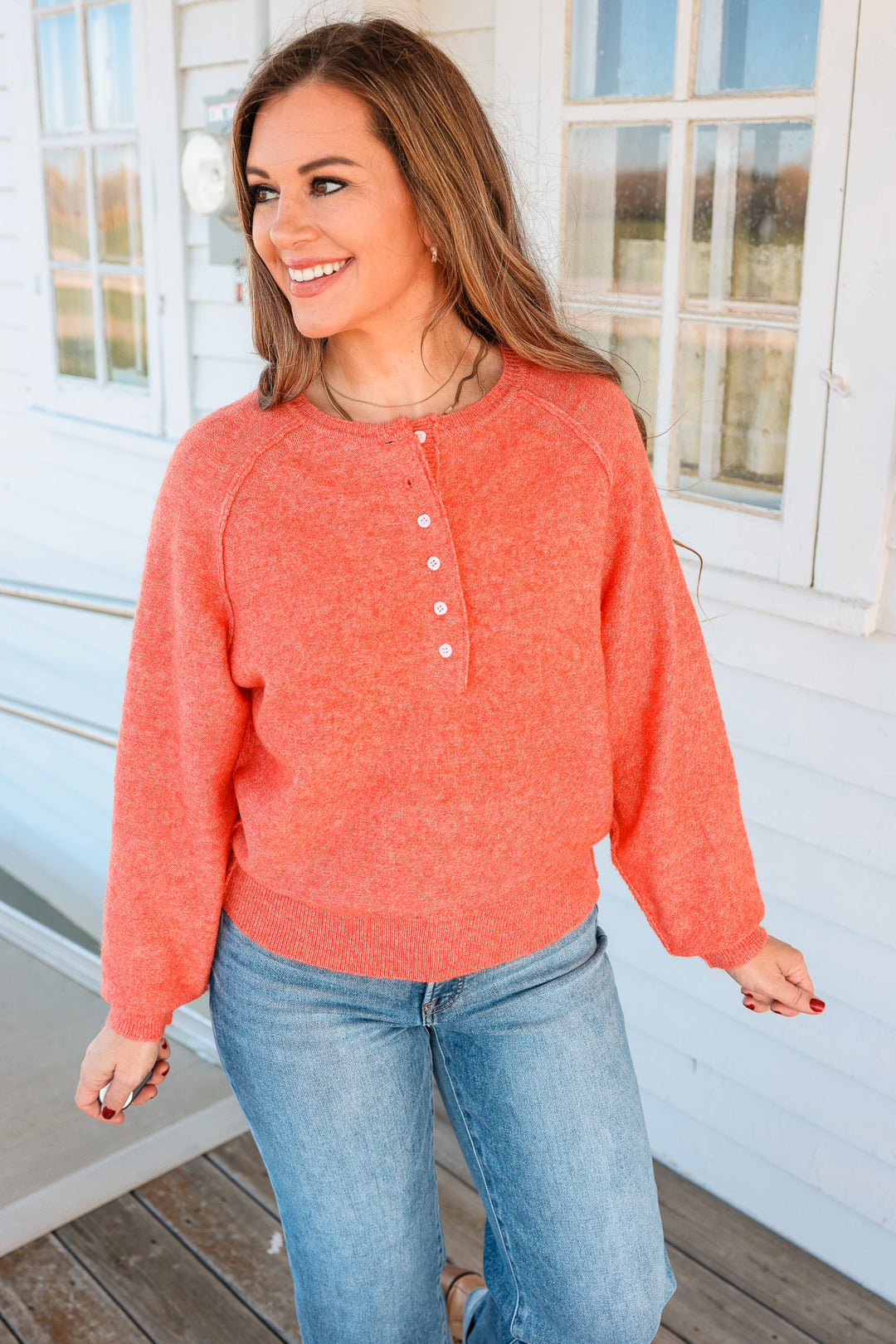 Amelia Raglan Henley Sweater - Blood Orange