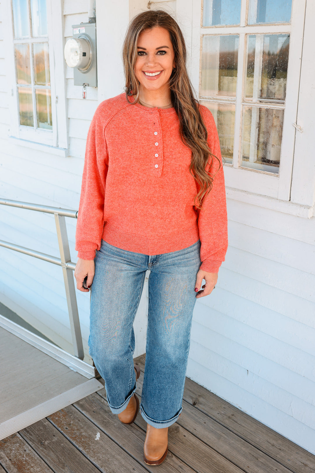 Amelia Raglan Henley Sweater - Blood Orange