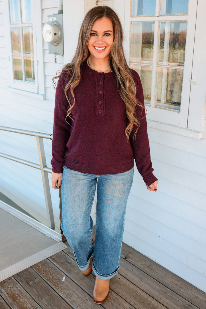 Anika Half Button Fuzzy Sweater - Dark Plum