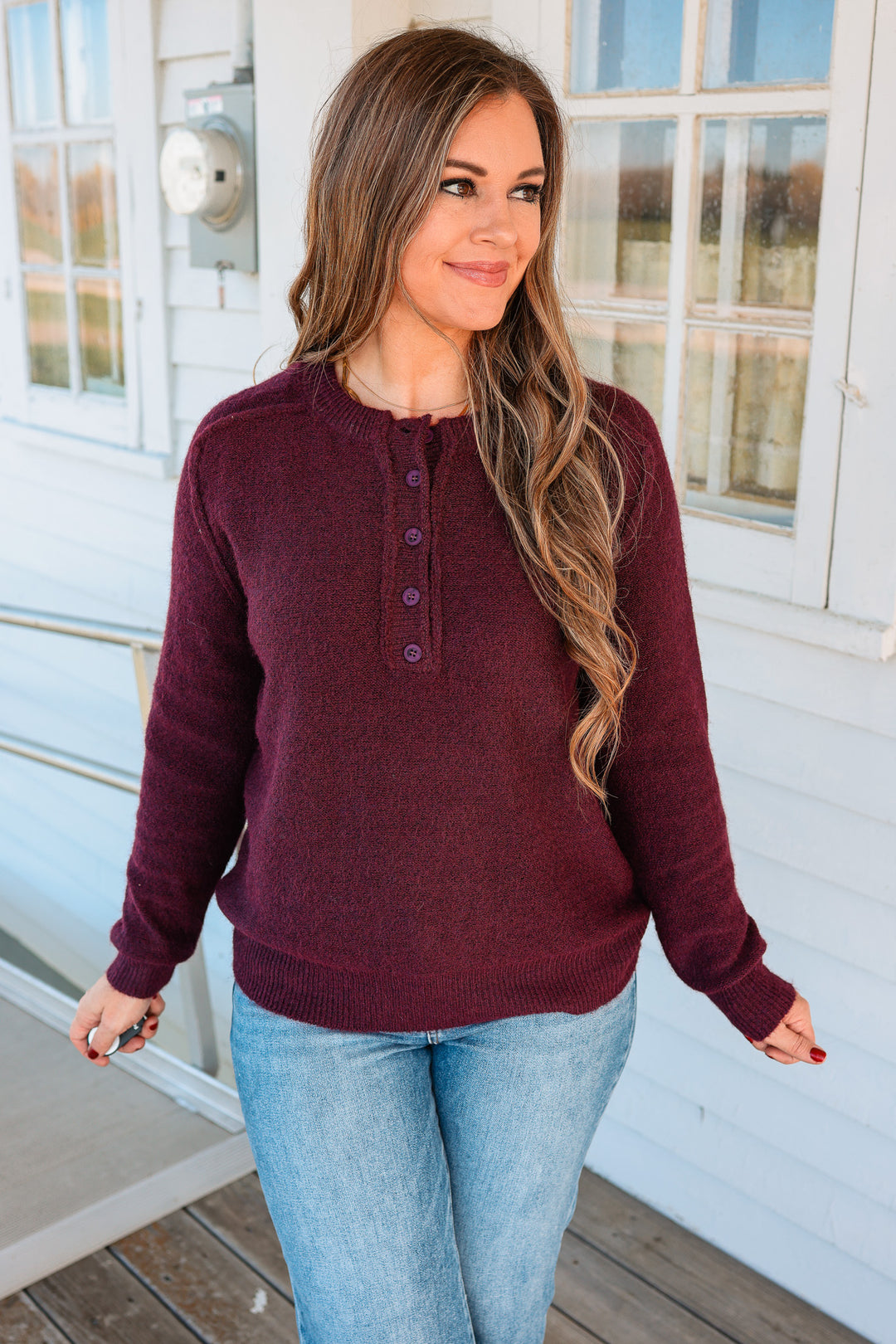 Anika Half Button Fuzzy Sweater - Dark Plum