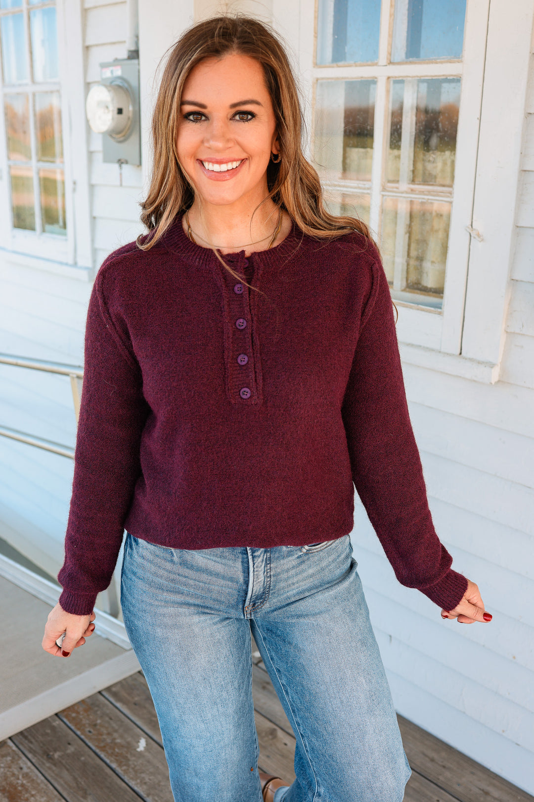 Anika Half Button Fuzzy Sweater - Dark Plum