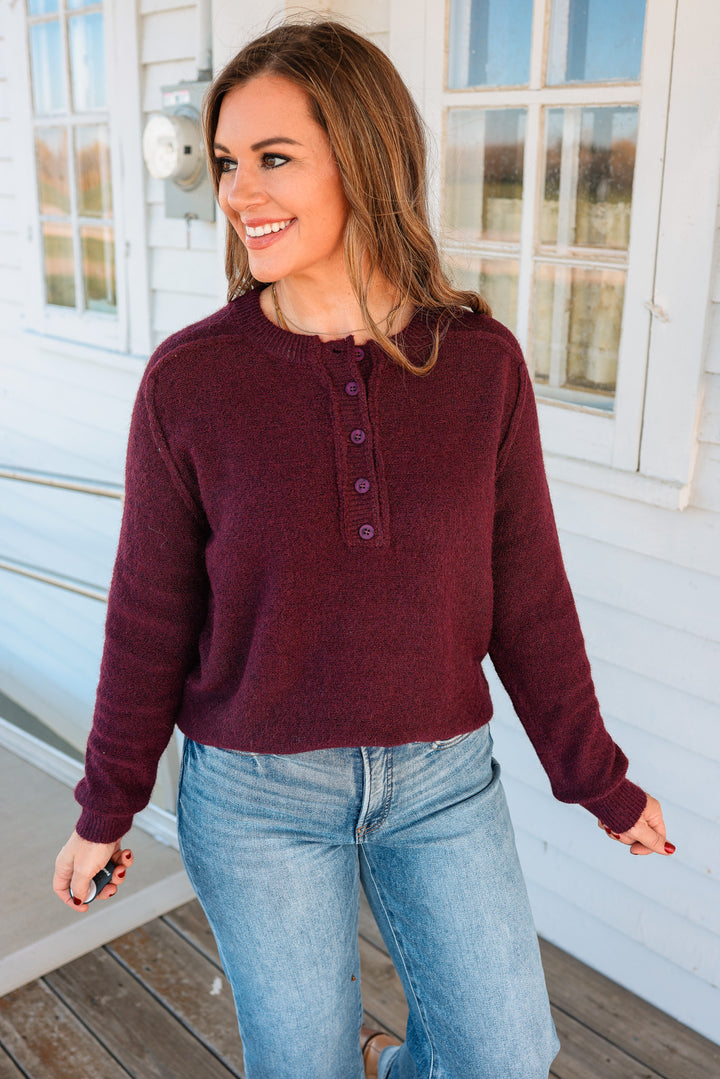 Anika Half Button Fuzzy Sweater - Dark Plum