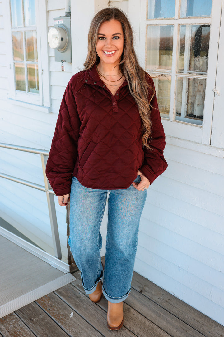 Roxy Quilted Half Snap Jacket - Dark Chery