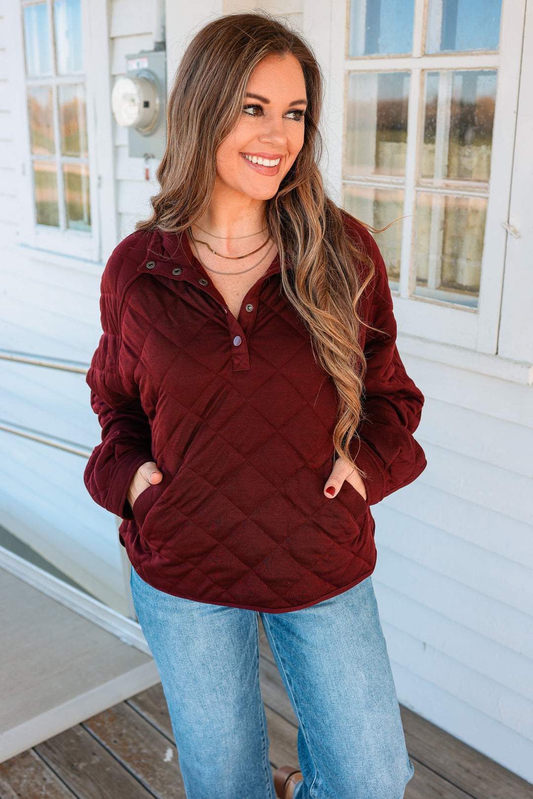 Roxy Quilted Half Snap Jacket - Dark Chery