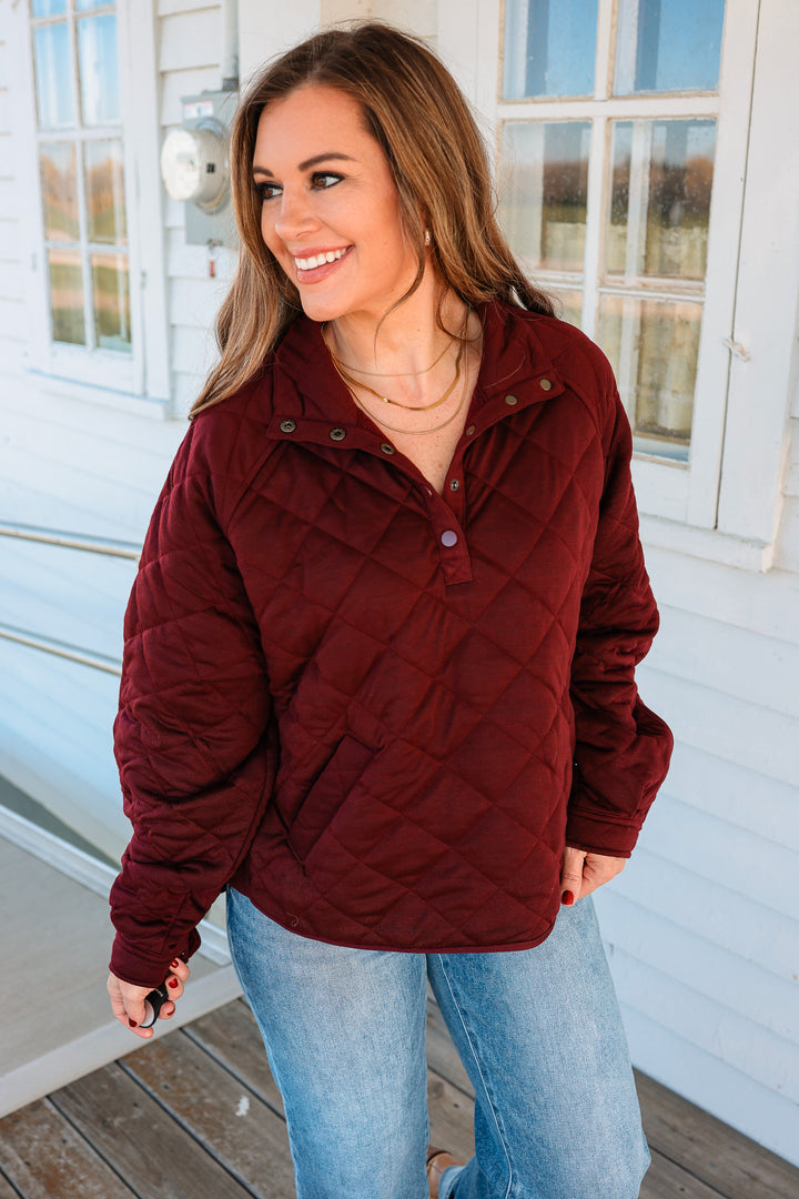 Roxy Quilted Half Snap Jacket - Dark Chery