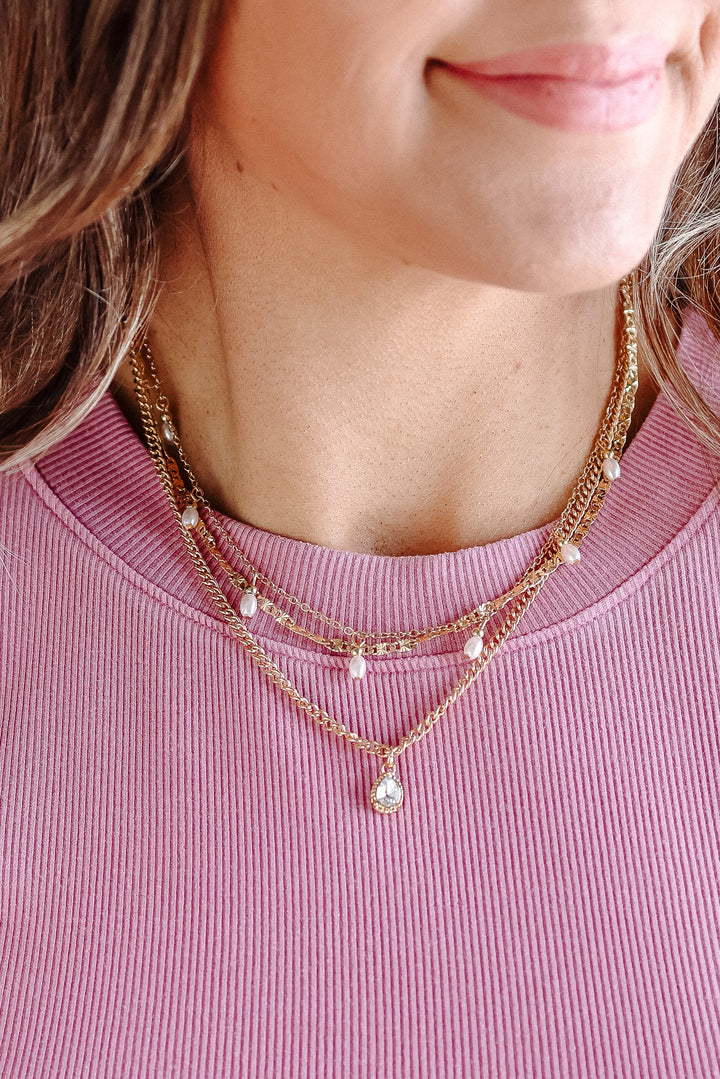 Multi-Layer Stone Chain Teardrop Charm Necklace