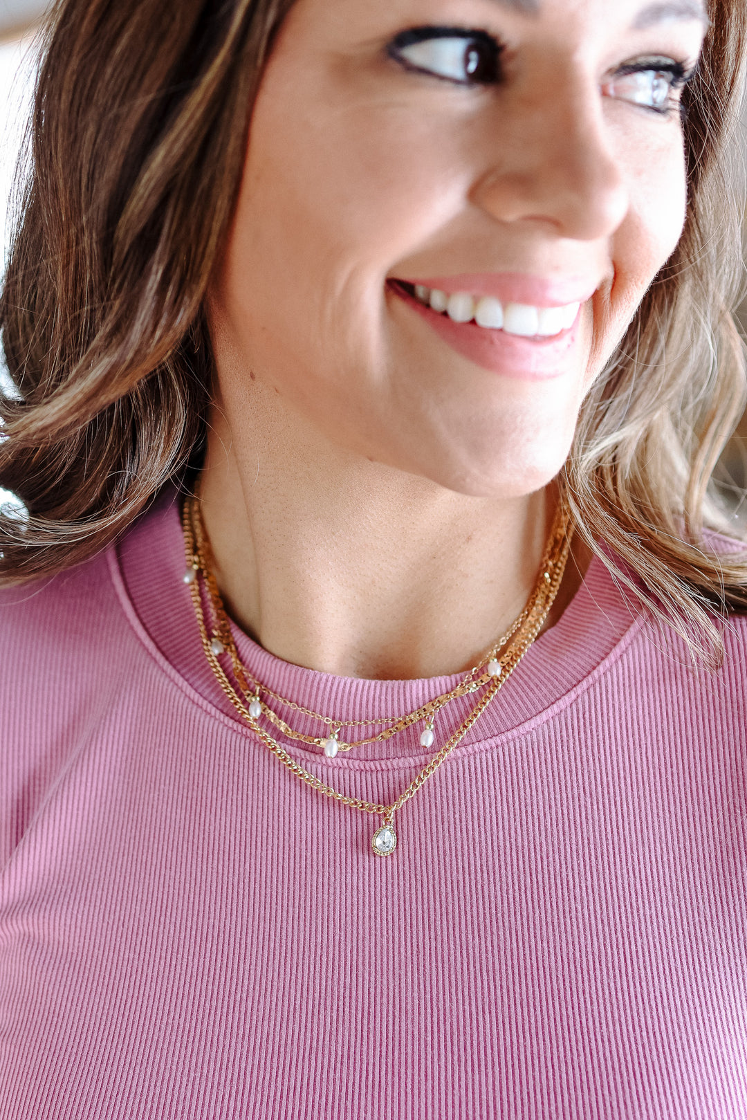 Multi-Layer Stone Chain Teardrop Charm Necklace