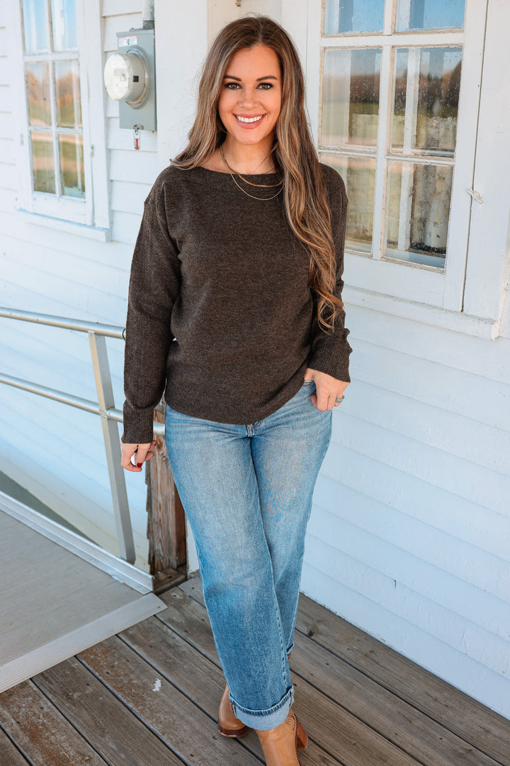 Gemma Boatneck Lace Detail Sweater - Chocolate