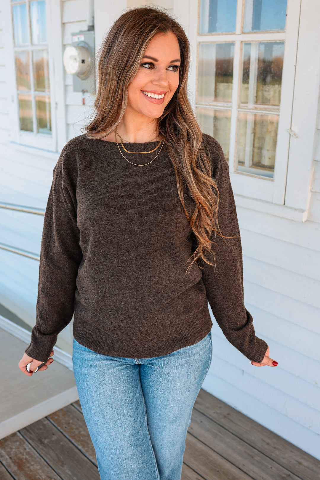 Gemma Boatneck Lace Detail Sweater - Chocolate