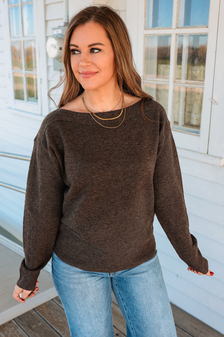 Gemma Boatneck Lace Detail Sweater - Chocolate