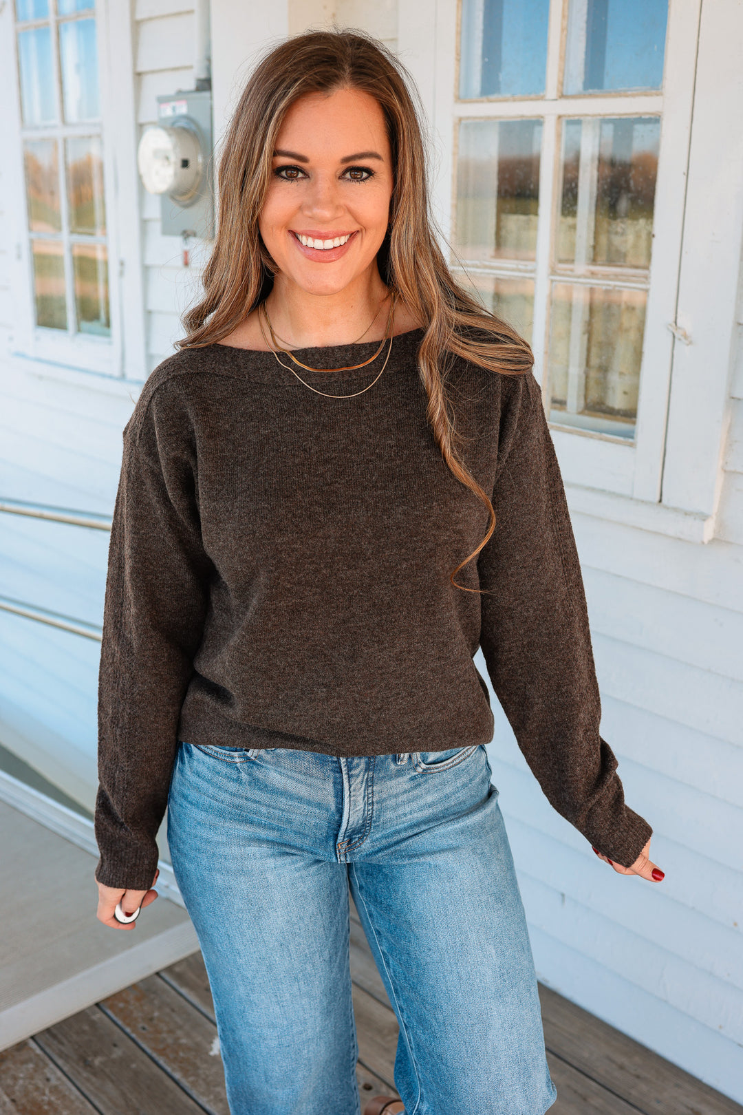 Gemma Boatneck Lace Detail Sweater - Chocolate
