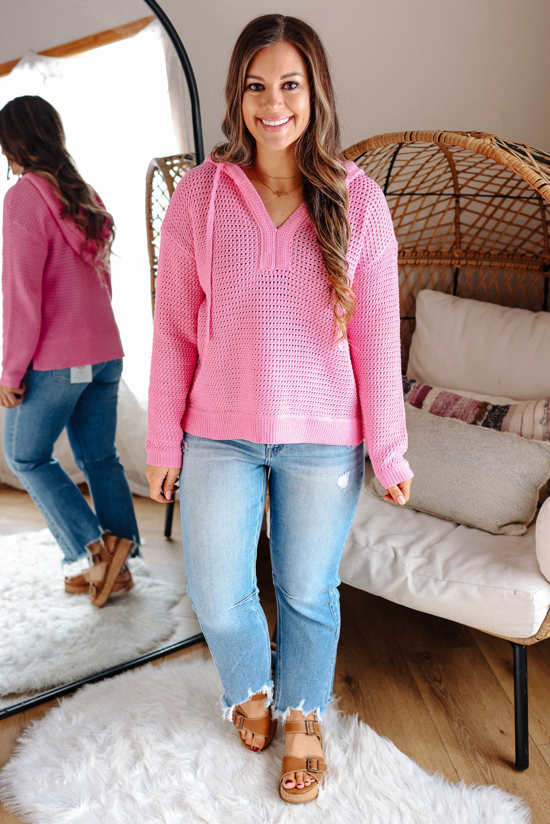 Aria V-Neck Knit Hoodie Sweater - Pink