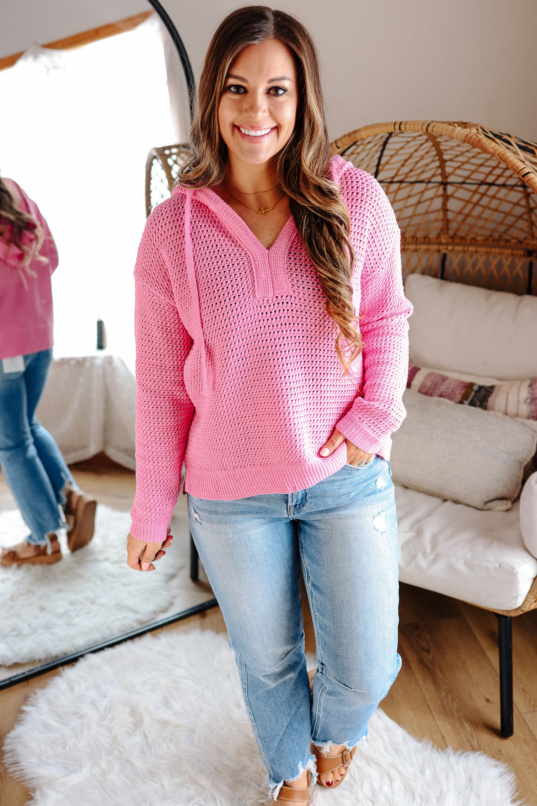 Aria V-Neck Knit Hoodie Sweater - Pink