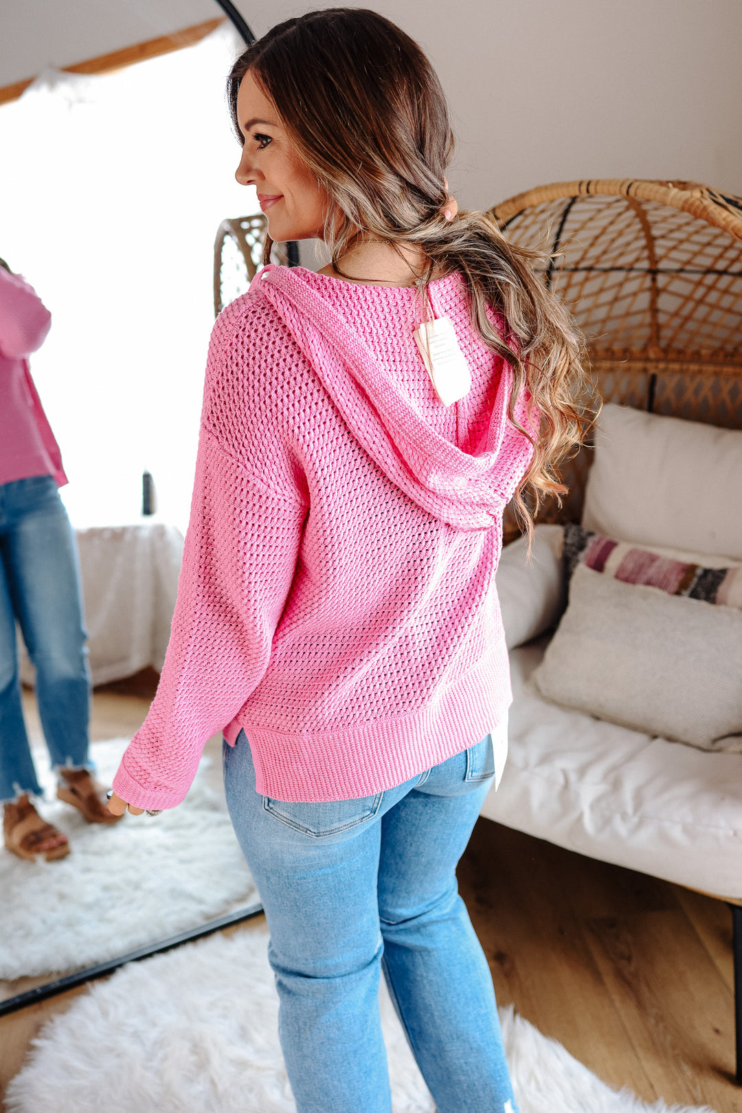 Aria V-Neck Knit Hoodie Sweater - Pink