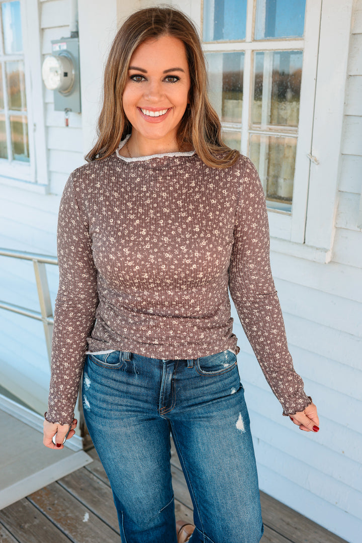 Elowen Mock Neck Frilled Merrow Hem Top - Brown