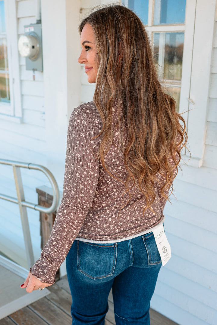 Elowen Mock Neck Frilled Merrow Hem Top - Brown