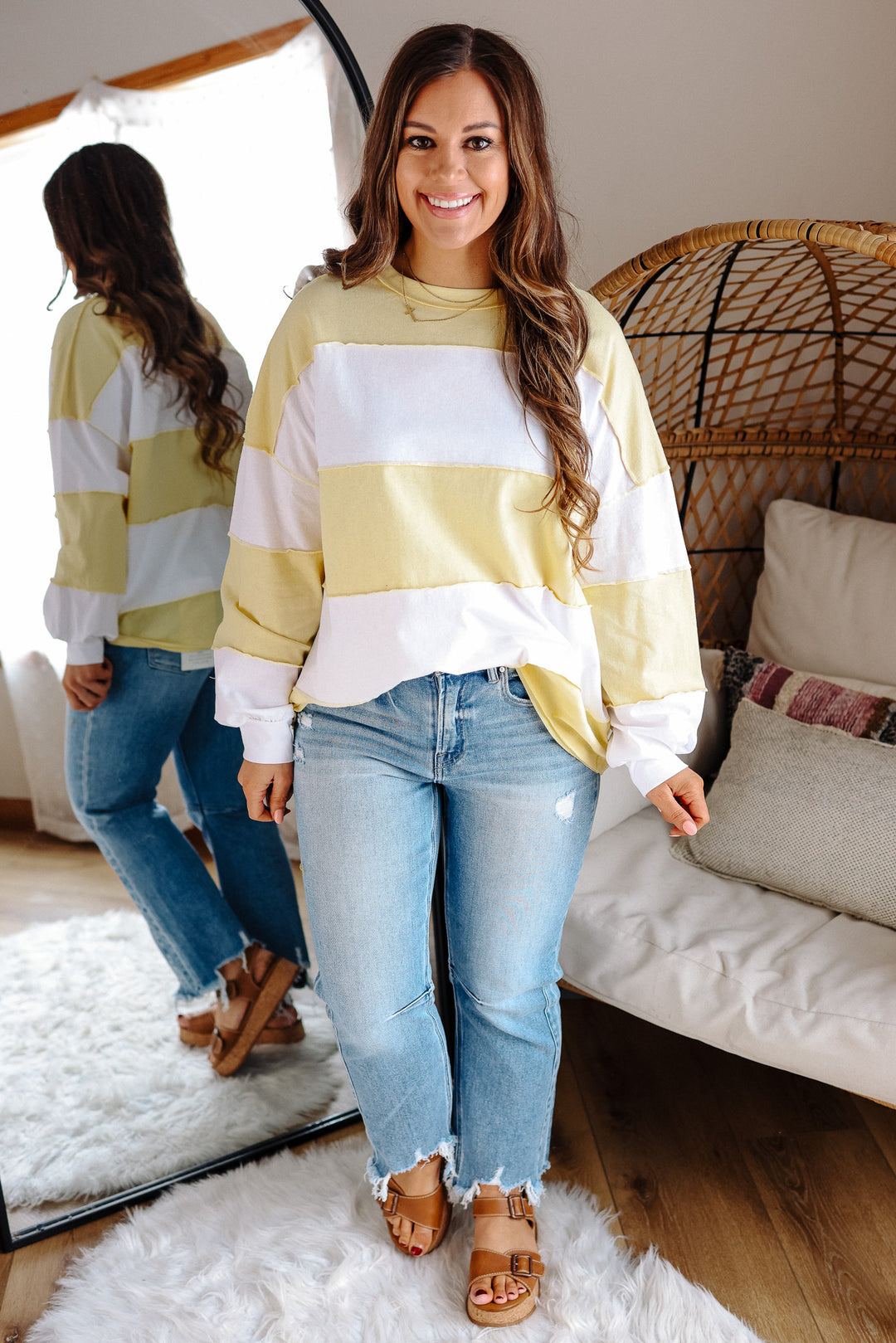 Mariella Panel Long Sleeve Top - Lemon White
