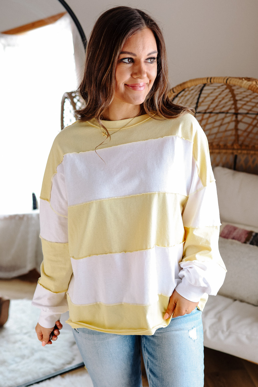 Mariella Panel Long Sleeve Top - Lemon White