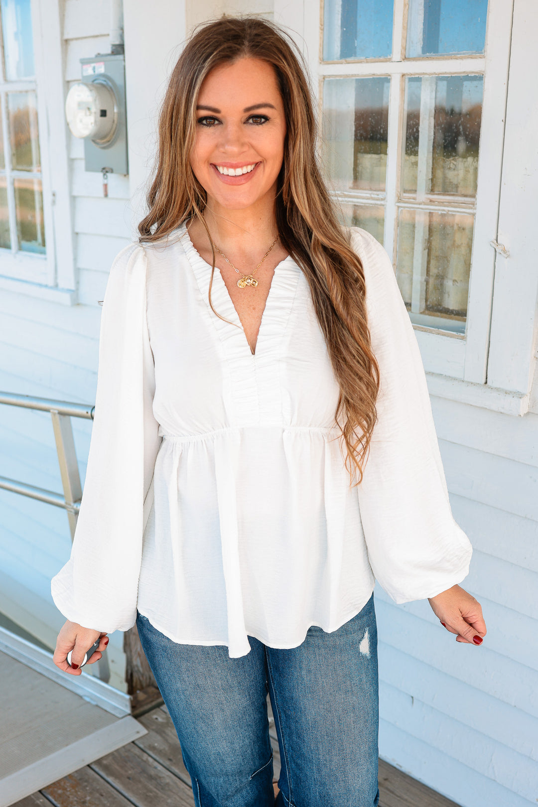 Marlowe Ruched Pintuck Babydoll Top - Ivory