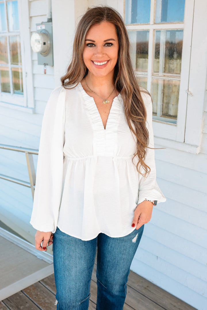 Marlowe Ruched Pintuck Babydoll Top - Ivory