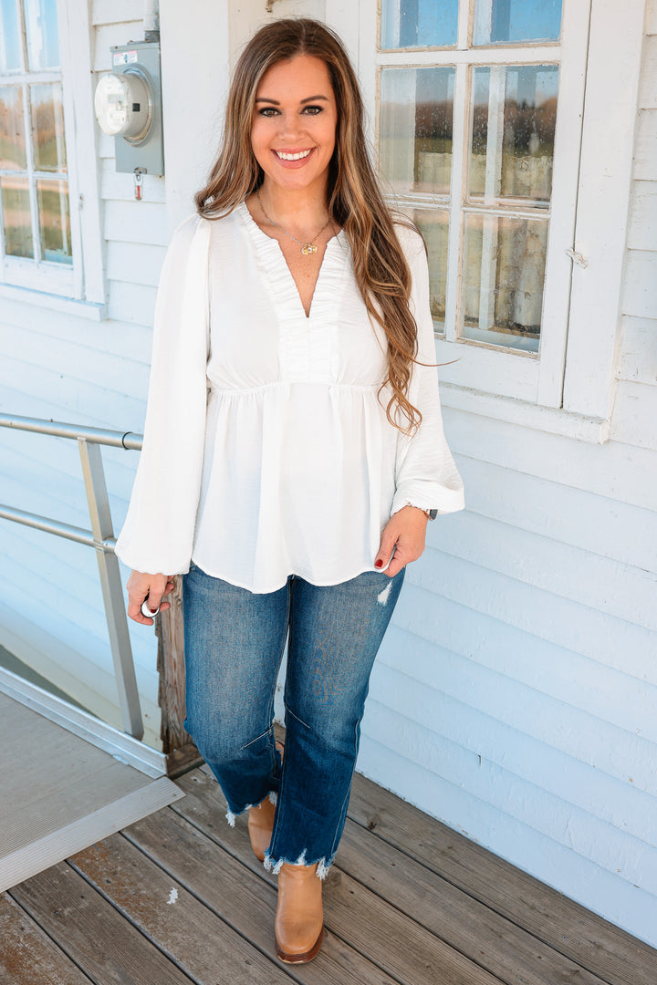 Marlowe Ruched Pintuck Babydoll Top - Ivory
