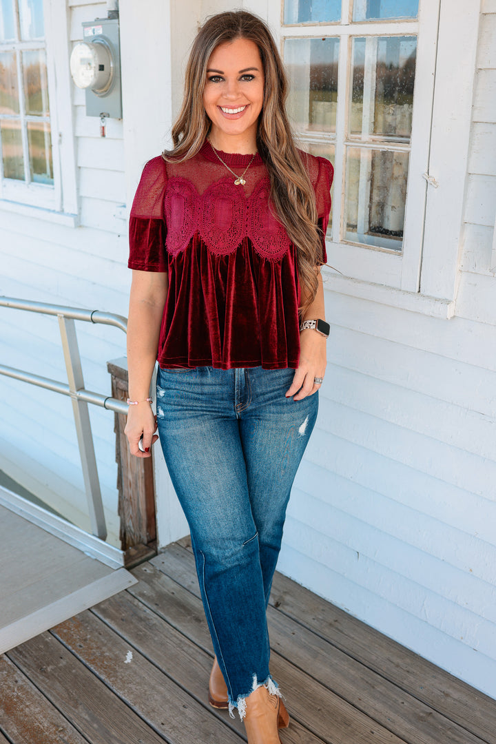 Lexie Velvet Scallop Top - Burgundy