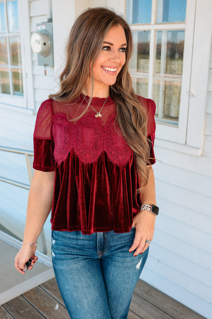 Lexie Velvet Scallop Top - Burgundy