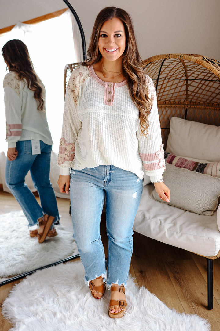 Holland Ditsy Floral Mixed Waffle Henley Top