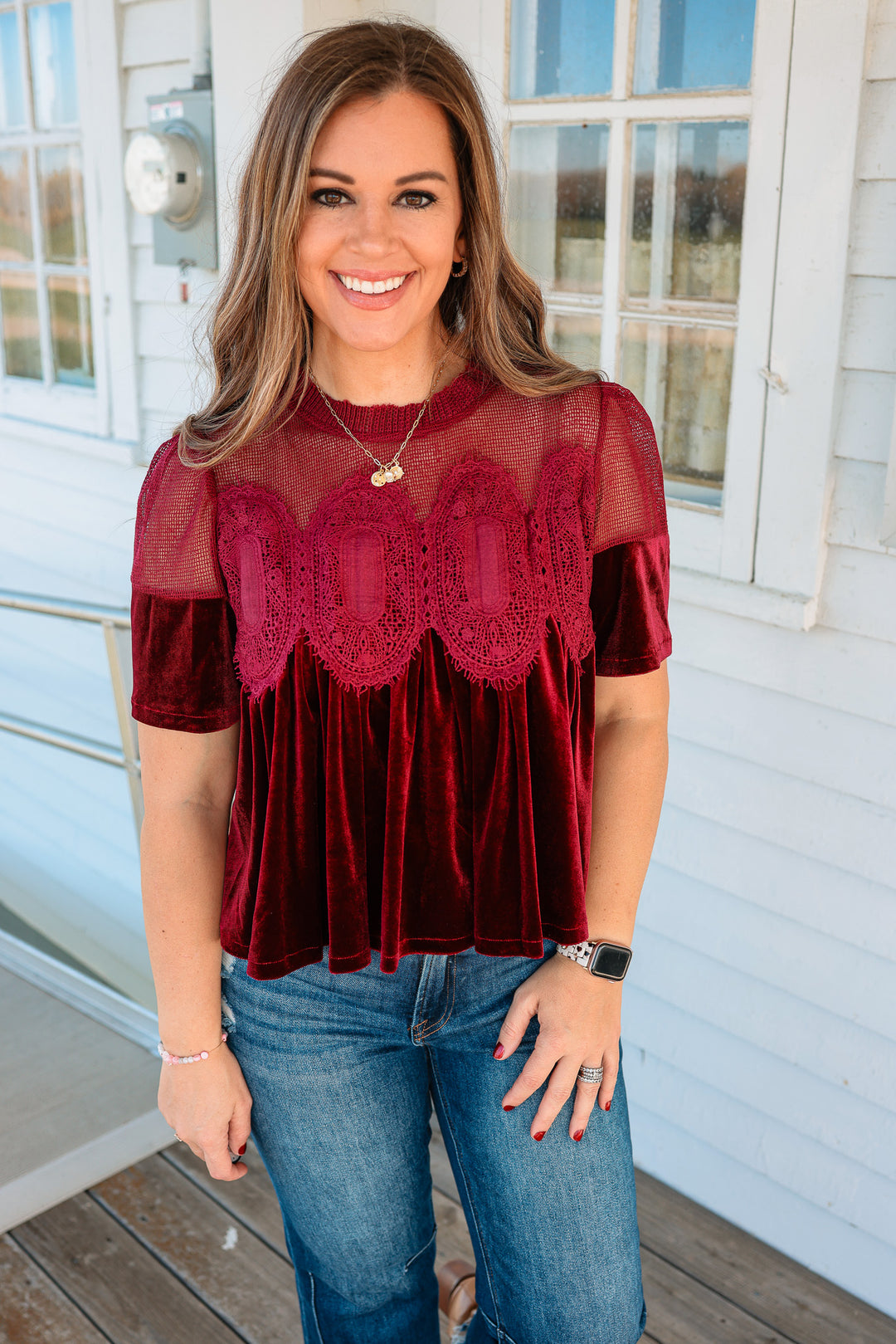 Lexie Velvet Scallop Top - Burgundy