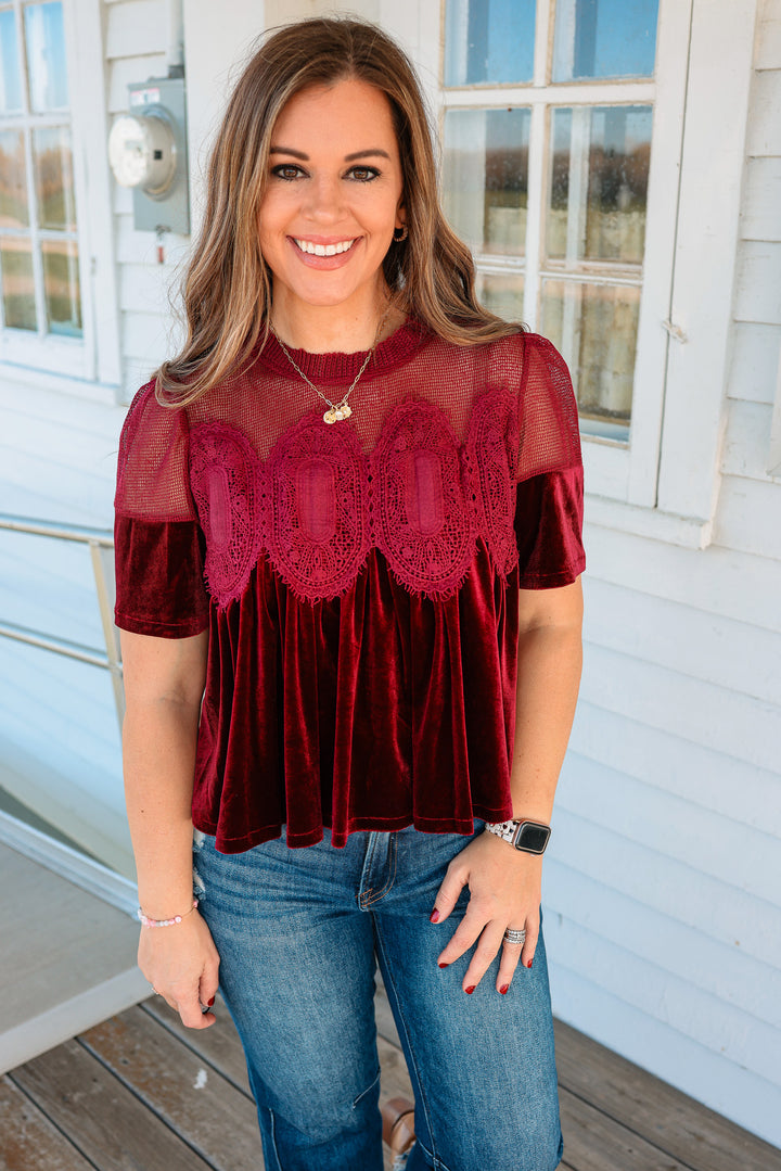Lexie Velvet Scallop Top - Burgundy
