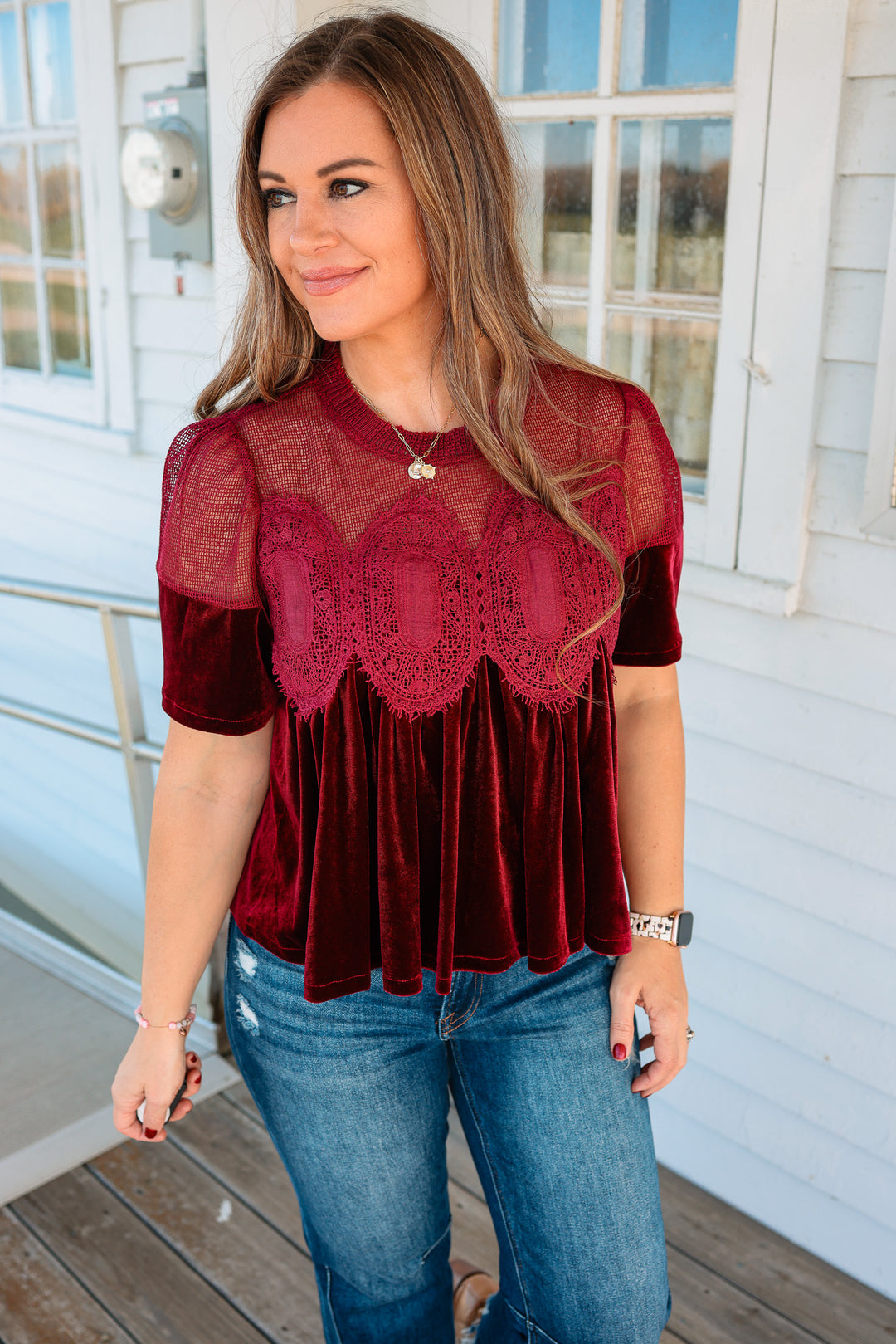 Lexie Velvet Scallop Top - Burgundy