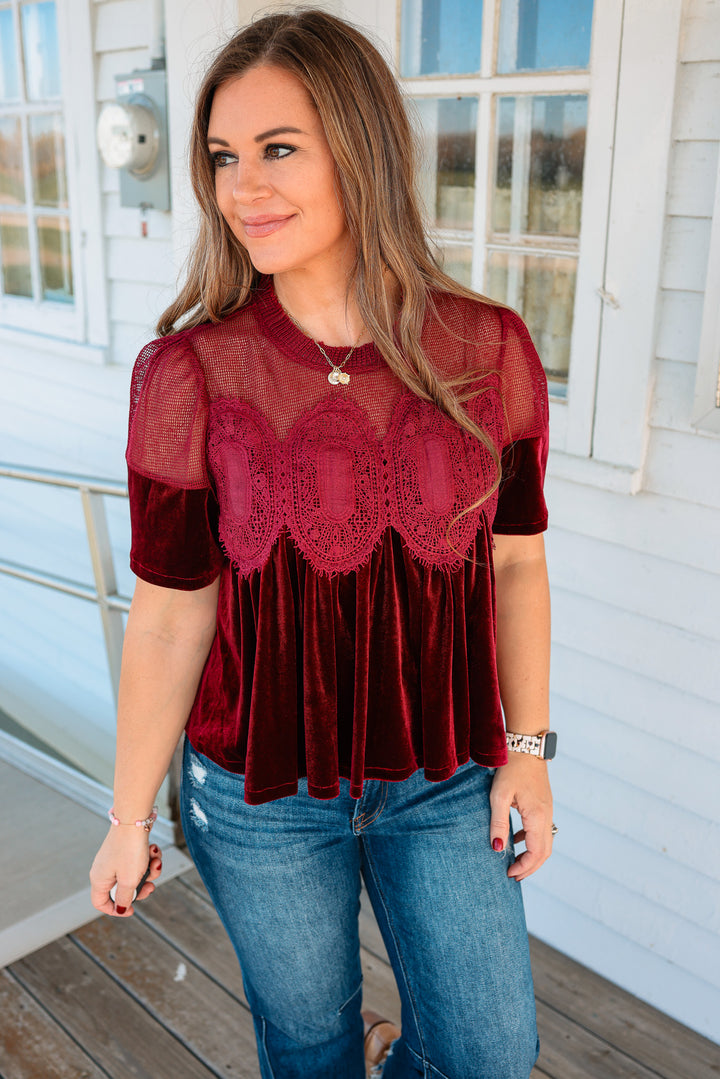 Lexie Velvet Scallop Top - Burgundy
