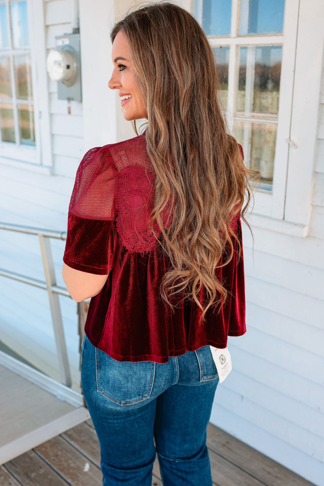 Lexie Velvet Scallop Top - Burgundy