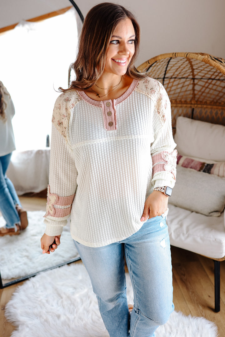 Holland Ditsy Floral Mixed Waffle Henley Top