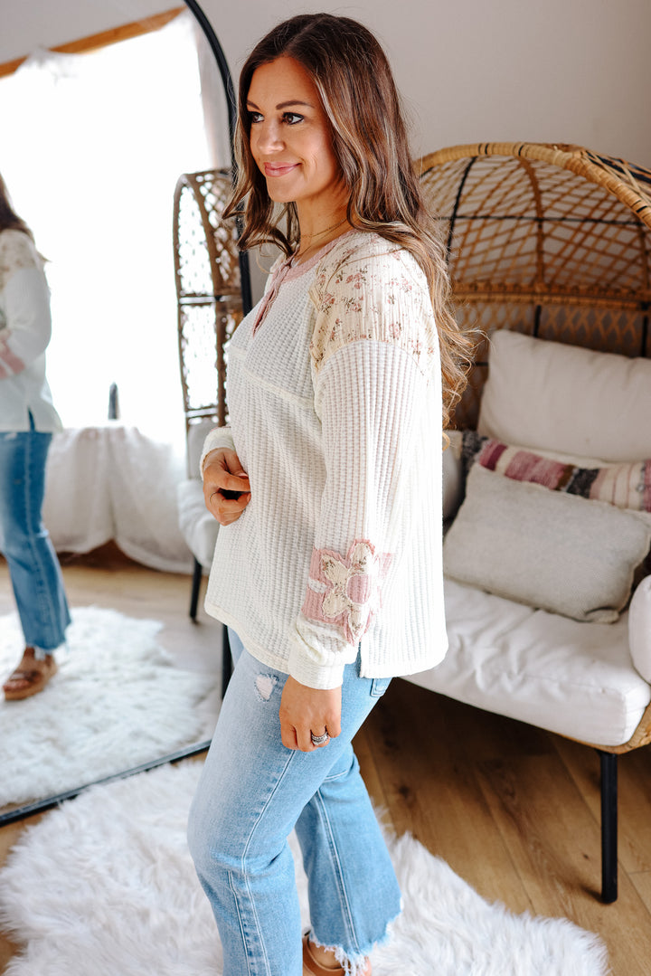 Holland Ditsy Floral Mixed Waffle Henley Top