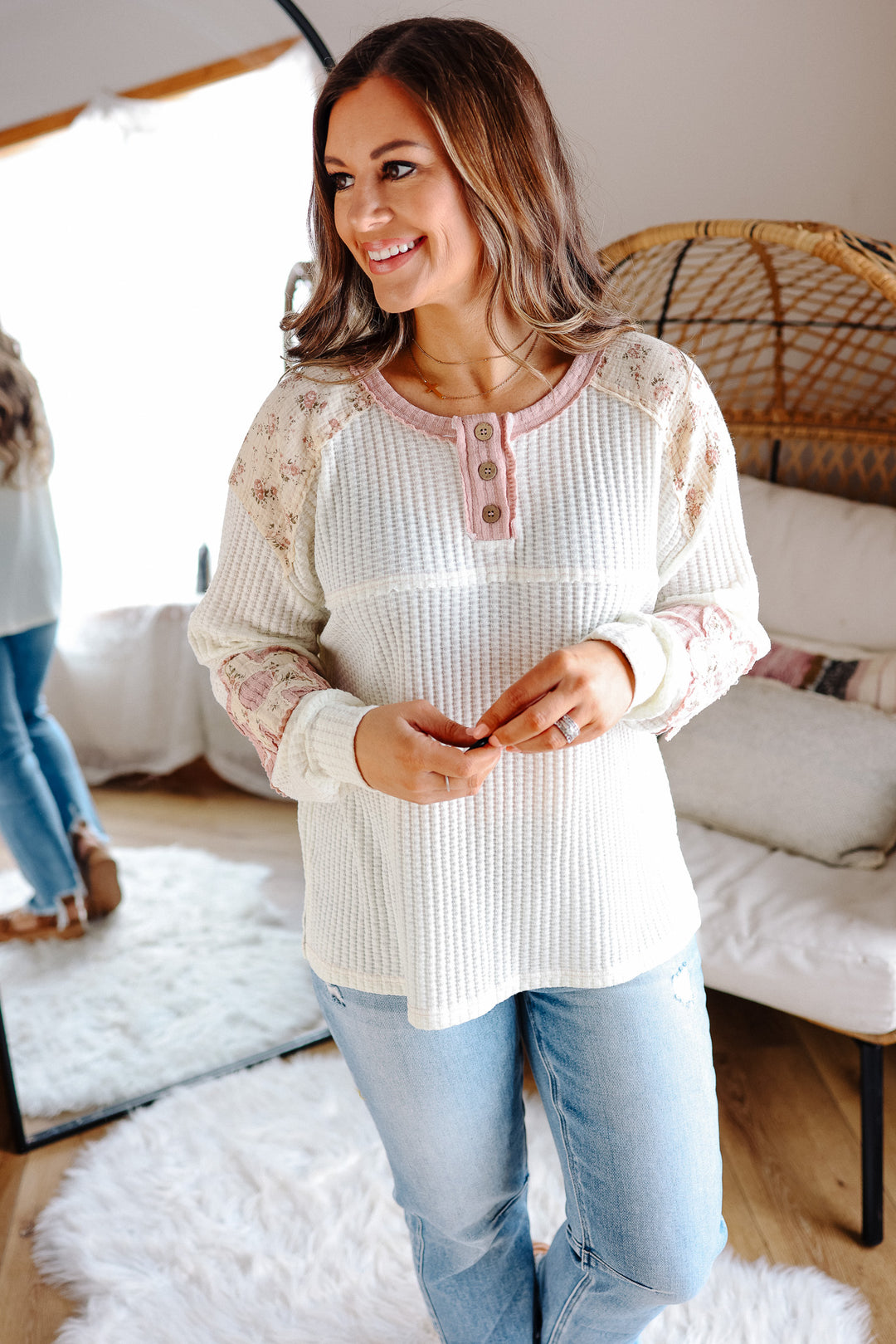 Holland Ditsy Floral Mixed Waffle Henley Top