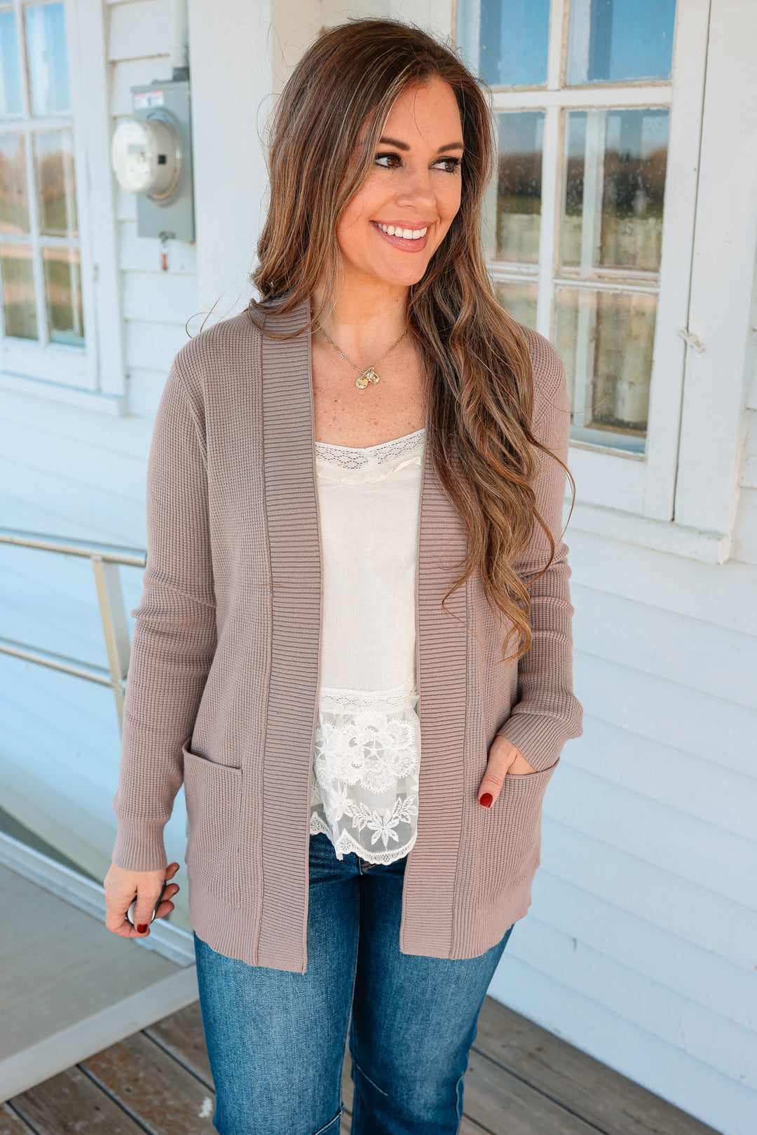 Kerri Waffle Knit Cardigan - Taupe