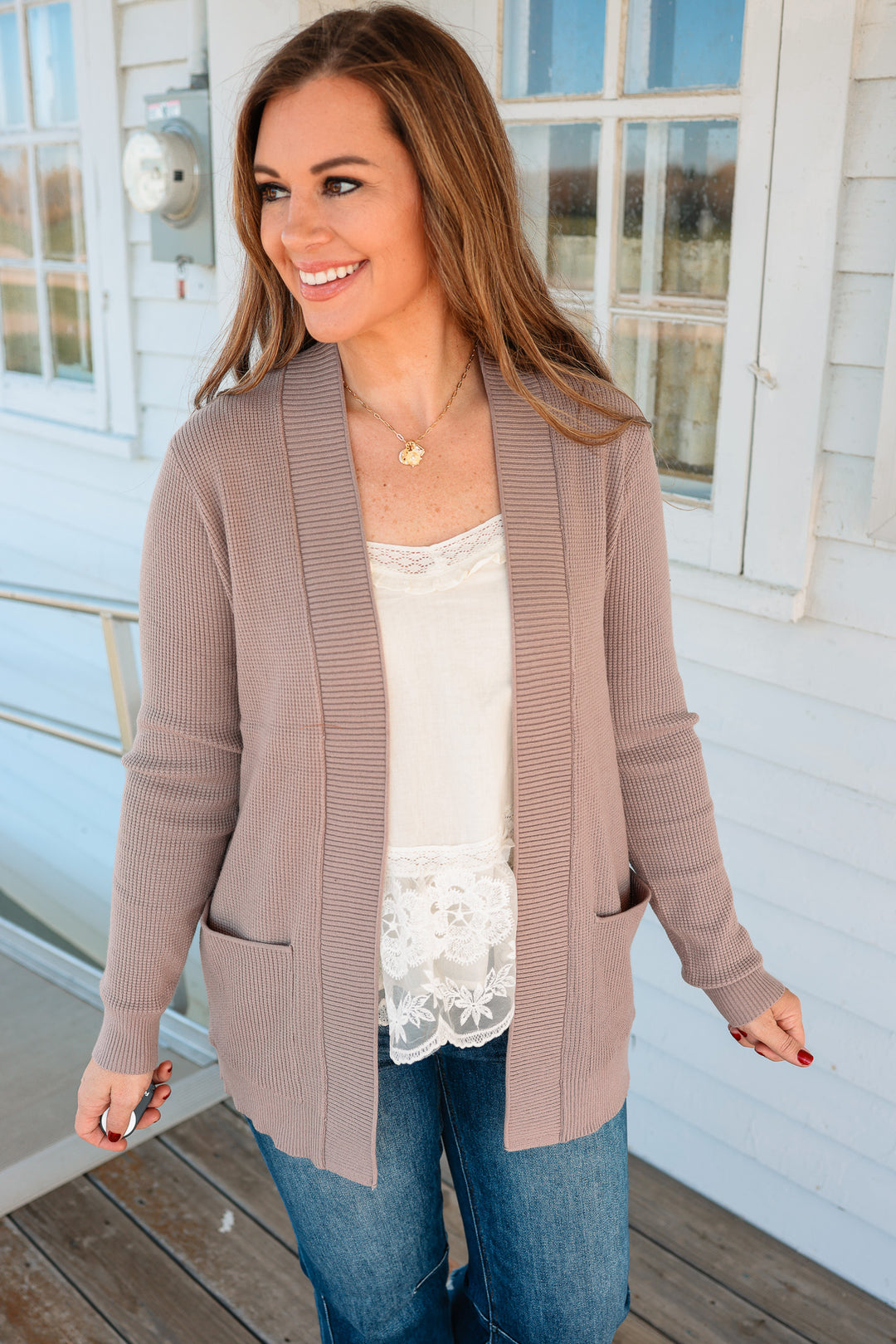 Kerri Waffle Knit Cardigan - Taupe