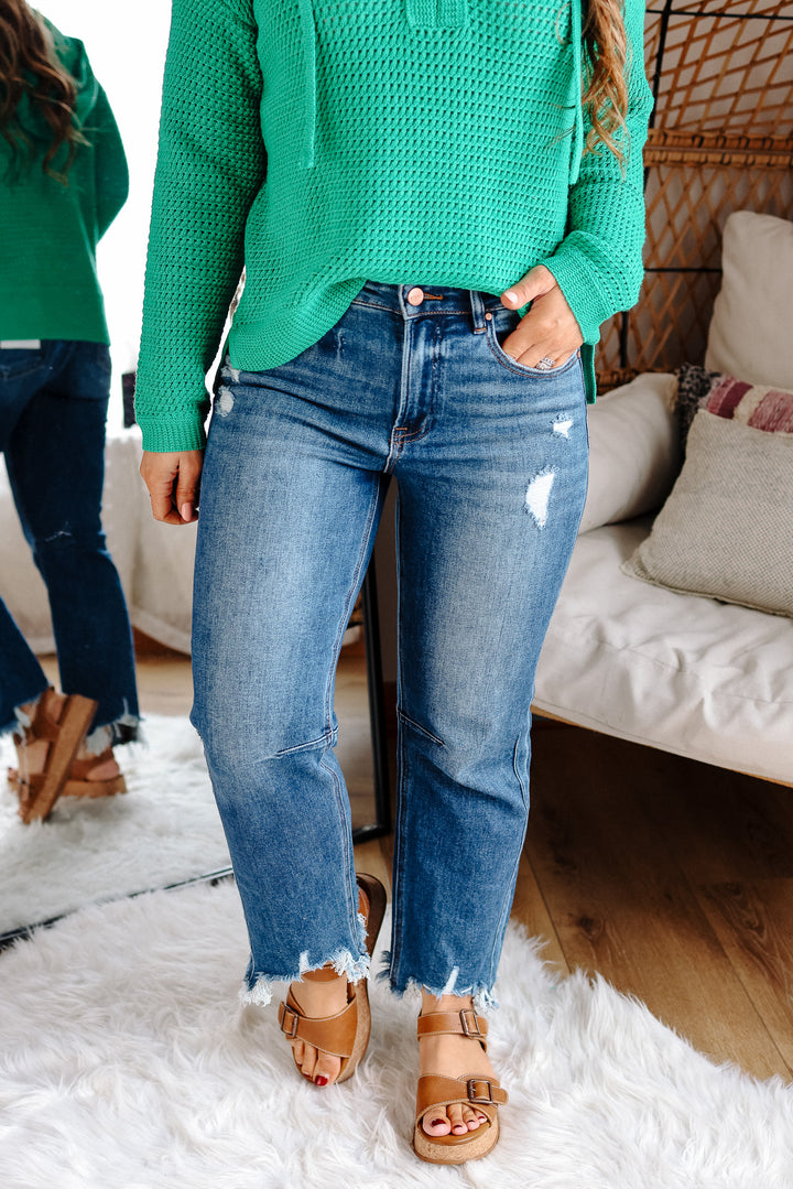 RISEN: MACI HIGH RISE CROP STRAIGHT JEANS - DARK WASH