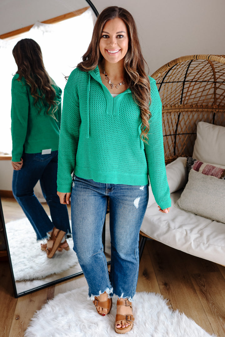 Aria V-Neck Knit Hoodie Sweater - Green