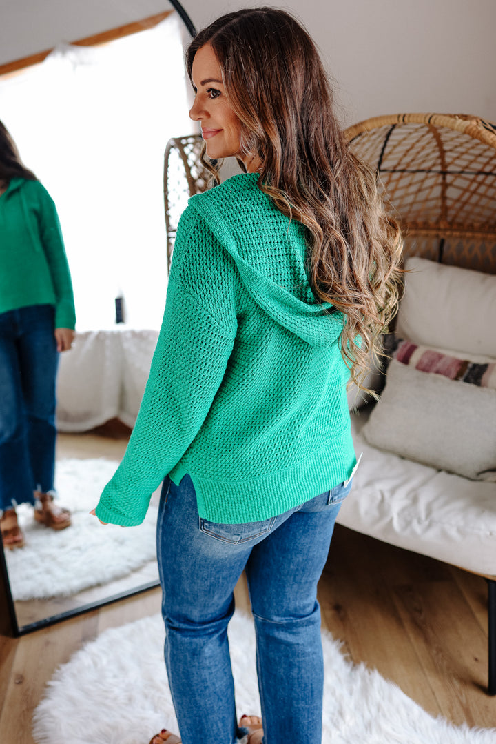 Aria V-Neck Knit Hoodie Sweater - Green