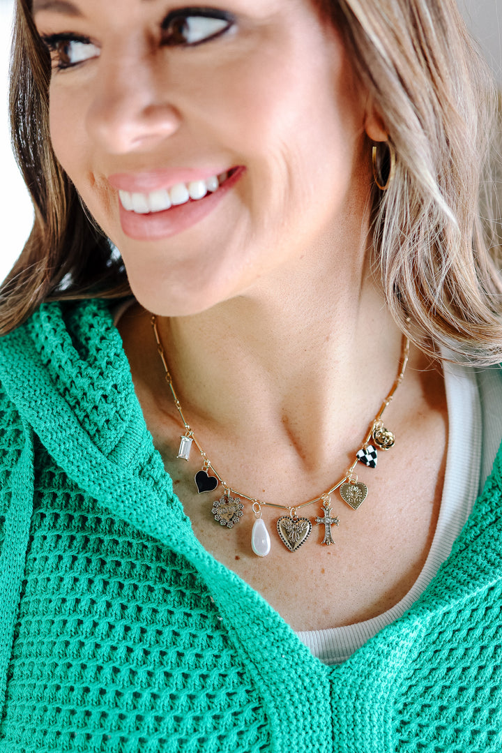 Rose Heart Checker Cross Charm Necklace