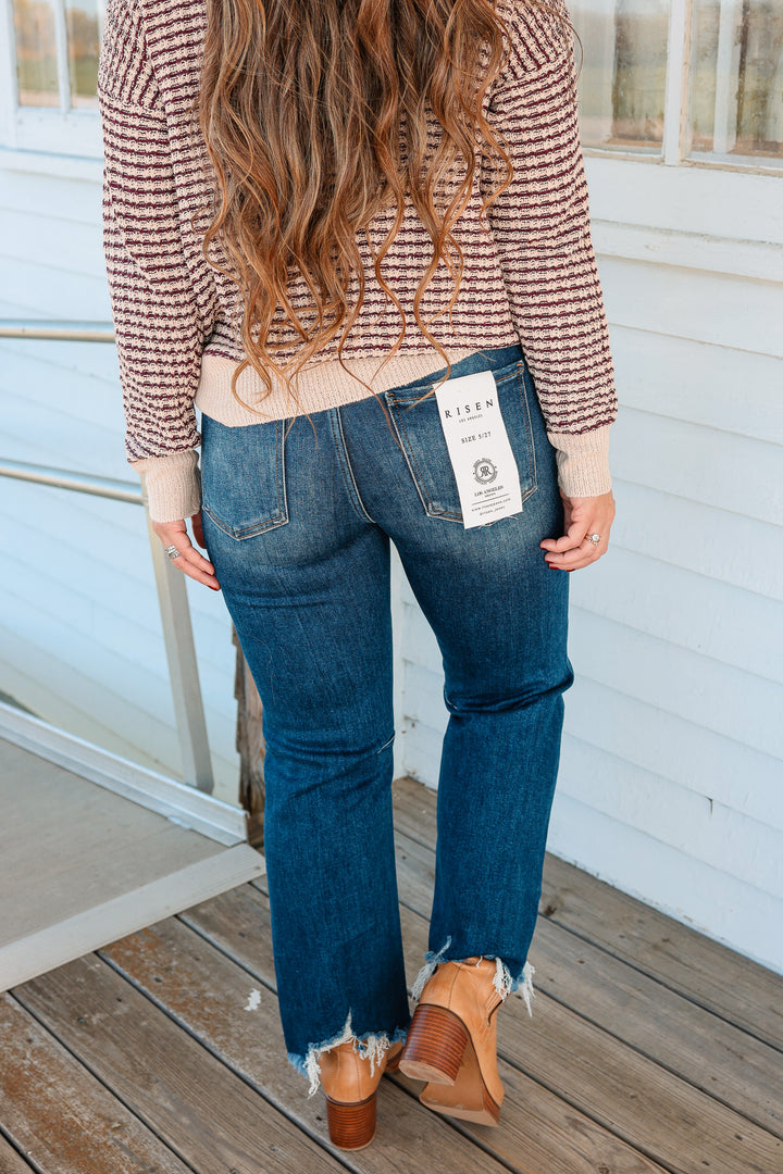 RISEN: MACI HIGH RISE CROP STRAIGHT JEANS - DARK WASH