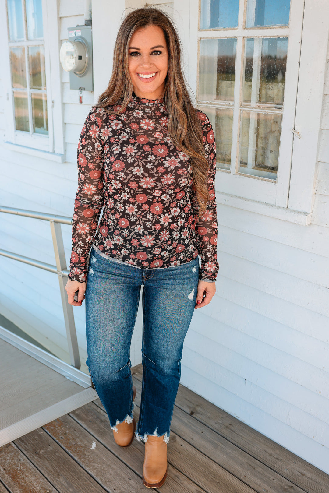 Harlow Mockneck Mesh Floral Top