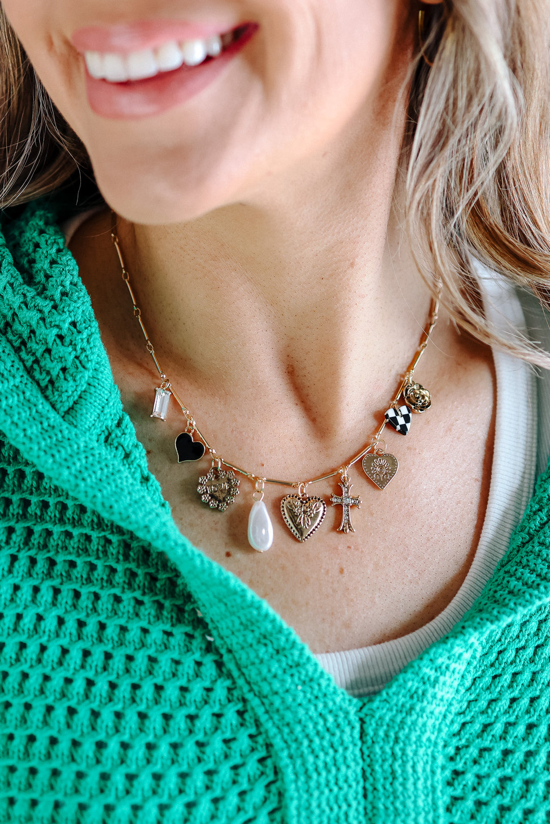 Rose Heart Checker Cross Charm Necklace