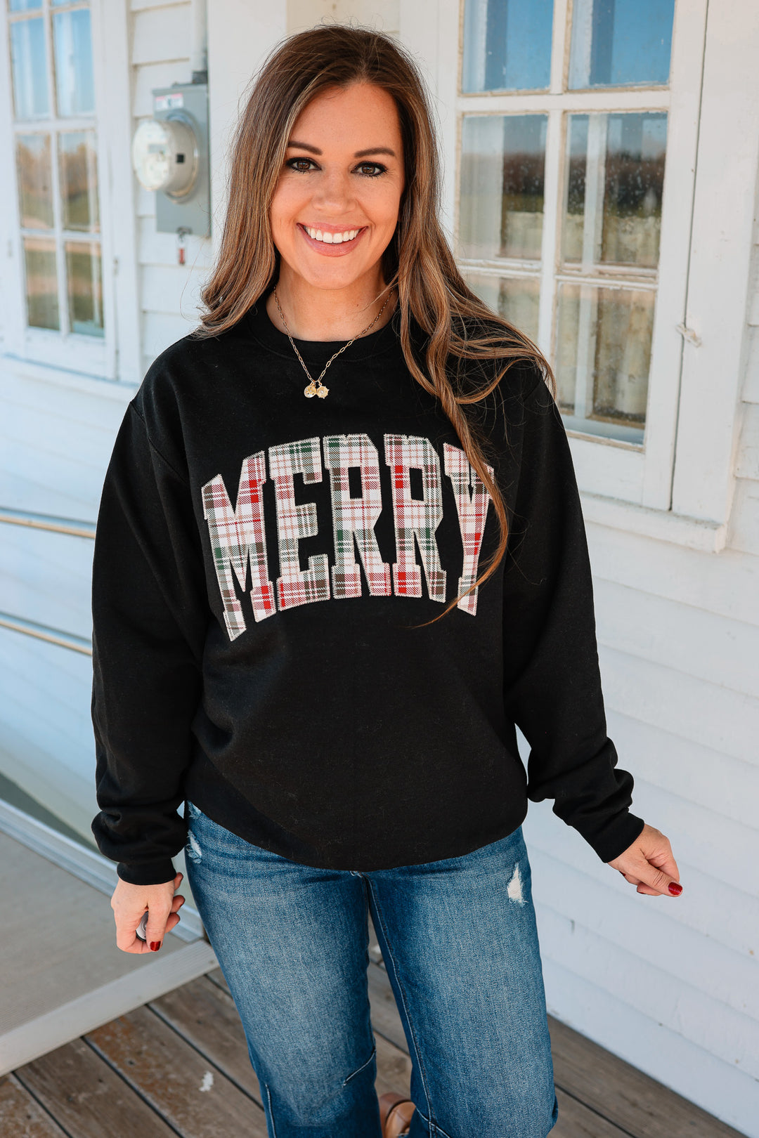 MERRY Plaid Embroidered Appliqué Sweatshirt - Black