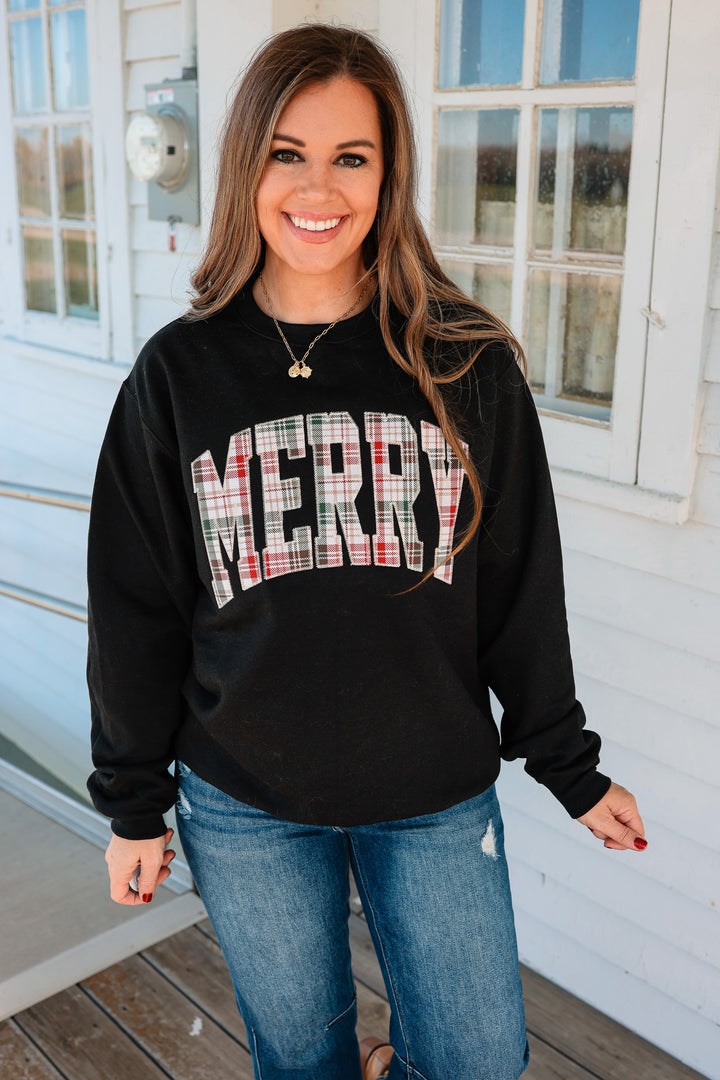MERRY Plaid Embroidered Appliqué Sweatshirt - Black
